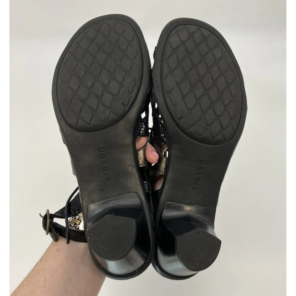 Aravon Sandals Women 8.5 B Gladiator Black Metallic Lace Up Shoes Comfort Resort